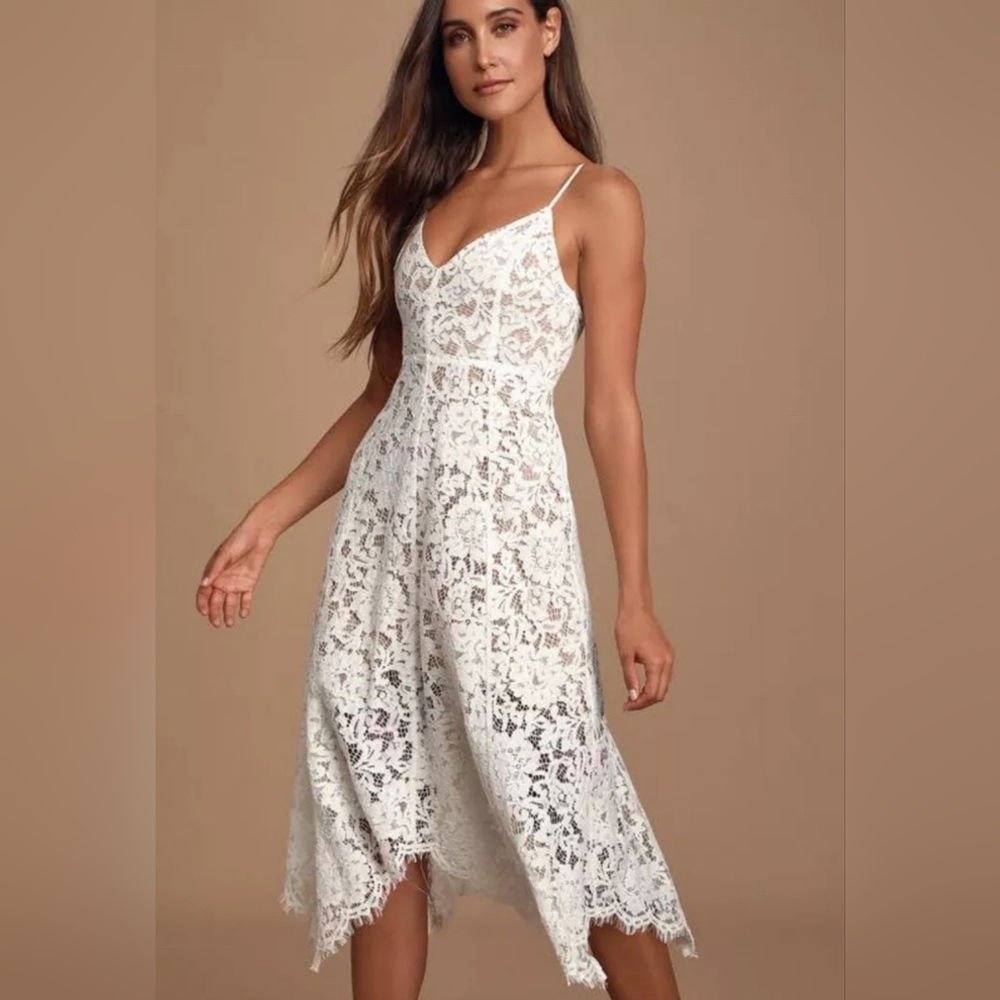NWT Lulus Womens White Lace Midi Dress Fit & Flare Party Cocktail Dress: Size L